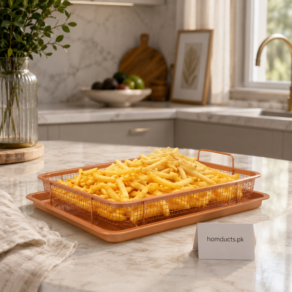 2-in-1 Air Fryer Mesh Basket with Baking Tray – 360° Airflow Crispy Cooking Rack