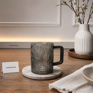 Ripple Smoke Glass Mug with Wooden Handle – Premium Textured Drinking Mug