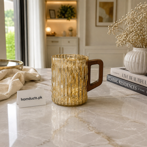 Premium Golden Ripple Glass Mug with Wooden Handle – Luxury Textured Drinking Cup