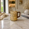 Premium Golden Ripple Glass Mug with Wooden Handle – Luxury Textured Drinking Cup
