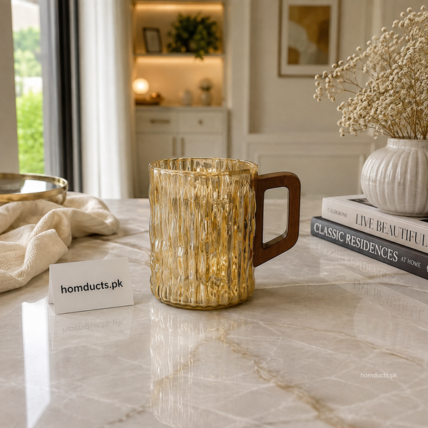 Premium Golden Ripple Glass Mug with Wooden Handle – Luxury Textured Drinking Cup
