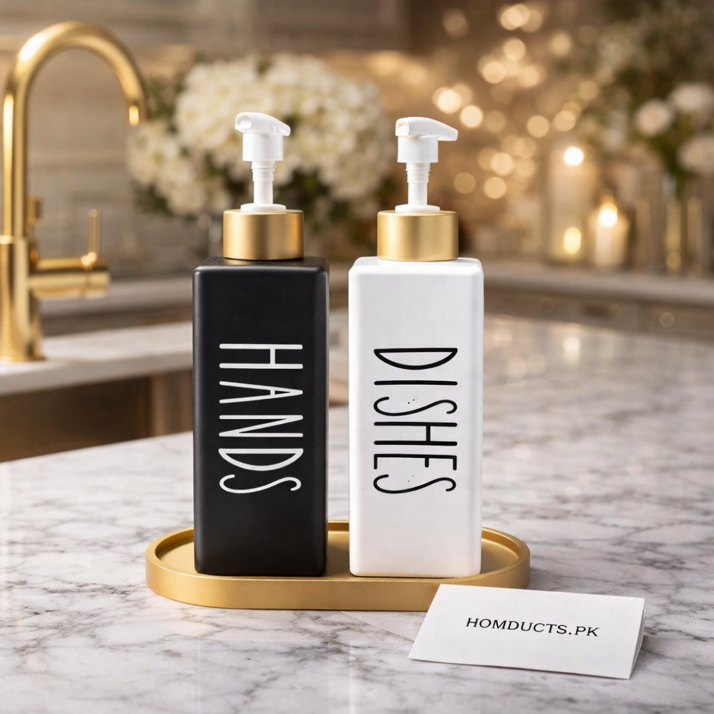Luxury Black & White Soap Dispenser Set with Gold Tray | Hand & Dish Liquid Pump Bottles – Premium Kitchen & Bathroom Decor