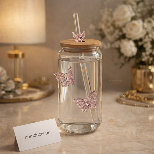 Luxury Butterfly Glass Mason Jar Bottle with Straw & Wooden Lid – Aesthetic Drinkware
