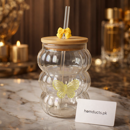 Luxury Pumpkin Glass Tumbler with Bamboo Lid & Reusable Straw – Butterfly Design | Aesthetic Drinkware