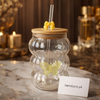 Luxury Pumpkin Glass Tumbler with Bamboo Lid & Reusable Straw – Butterfly Design | Aesthetic Drinkware