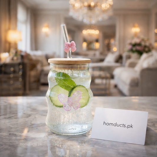 Luxury Butterfly Glass Tumbler with Bamboo Lid & Reusable Glass Straw – Aesthetic Drinkware Jar