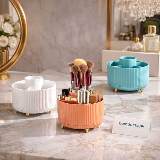 Luxury Rotating Makeup Brush Holder with Compartments – Premium Cosmetic Organizer for Vanity & Dressing Table