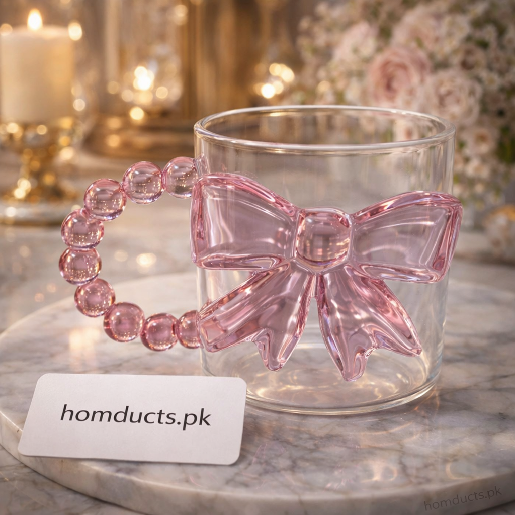 Luxury Pink Bow Glass Mug with Beaded Handle – Aesthetic Transparent Coffee & Tea Cup