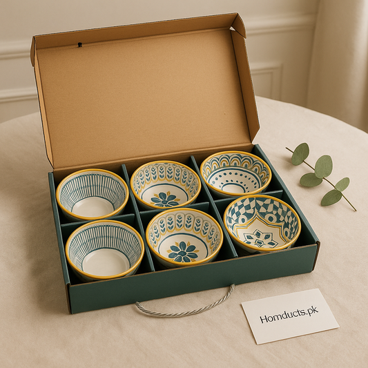 6-Piece Premium Ceramic Bowl Set – Handcrafted Blue & Gold Design Gift Box