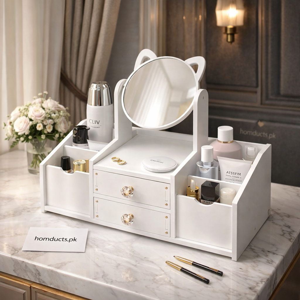 Luxury Cat-Ear Vanity Organizer with Mirror & Drawers – Premium Makeup & Jewelry Storage