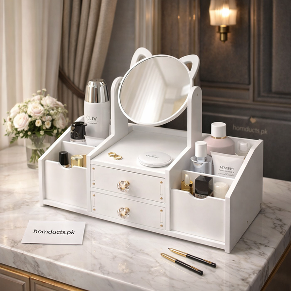 Luxury Cat-Ear Vanity Organizer with Mirror & Drawers – Premium Makeup & Jewelry Storage