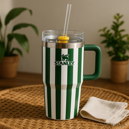 Stanley Green & White Striped Quencher Tumbler with Straw – 20oz Premium Edition