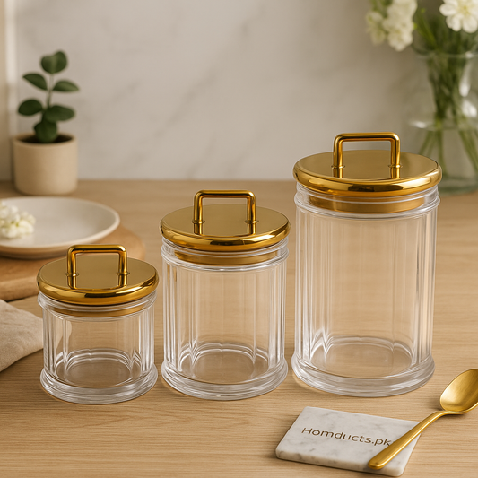 Gold-Lid Transparent Storage Jar Set – 3 Pcs Premium Acrylic Kitchen Containers