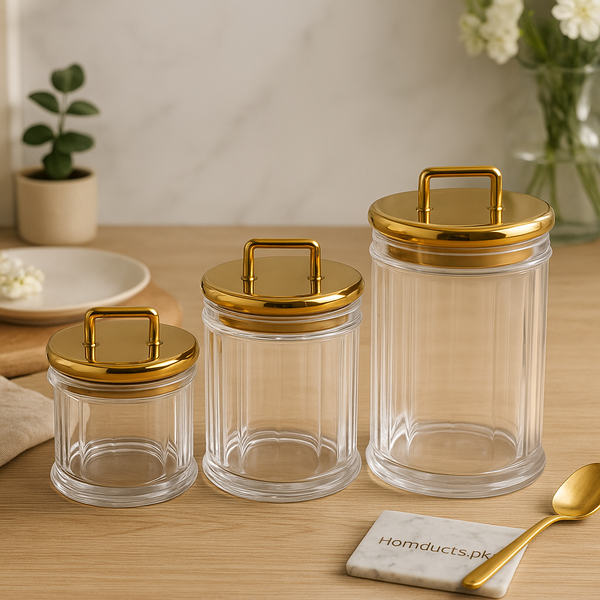Gold-Lid Transparent Storage Jar Set – 3 Pcs Premium Acrylic Kitchen Containers