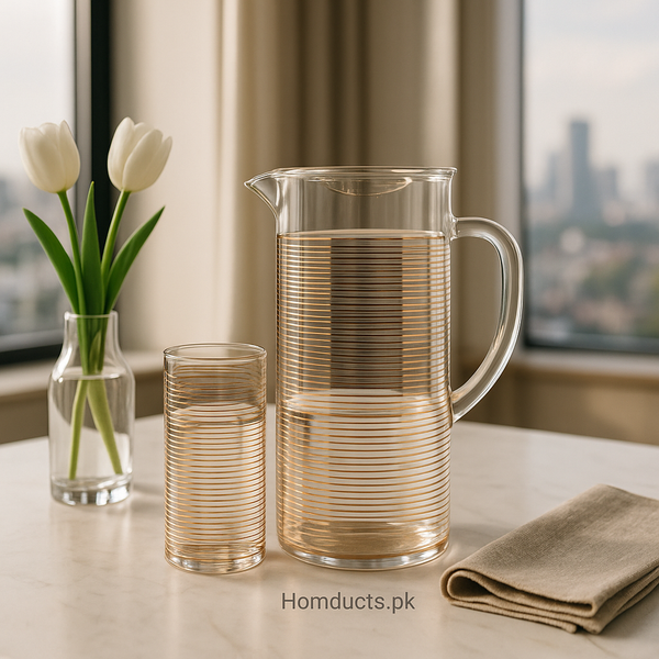 Golden Line Acrylic Jug Set – 1 Jug & 6 Glasses | Premium Transparent Drinkware