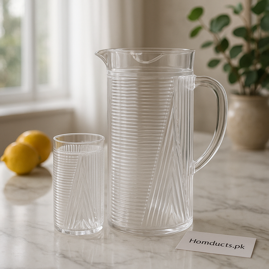Premium Acrylic Jug & 6 Glass Set – Clear Ribbed Design