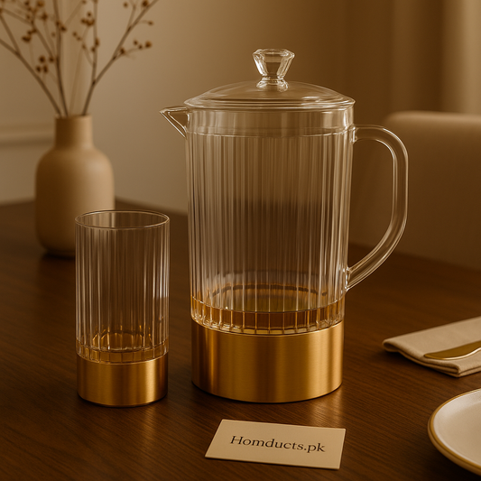 Golden Base Water Jug Set with 6 Glasses – Premium Ribbed Design