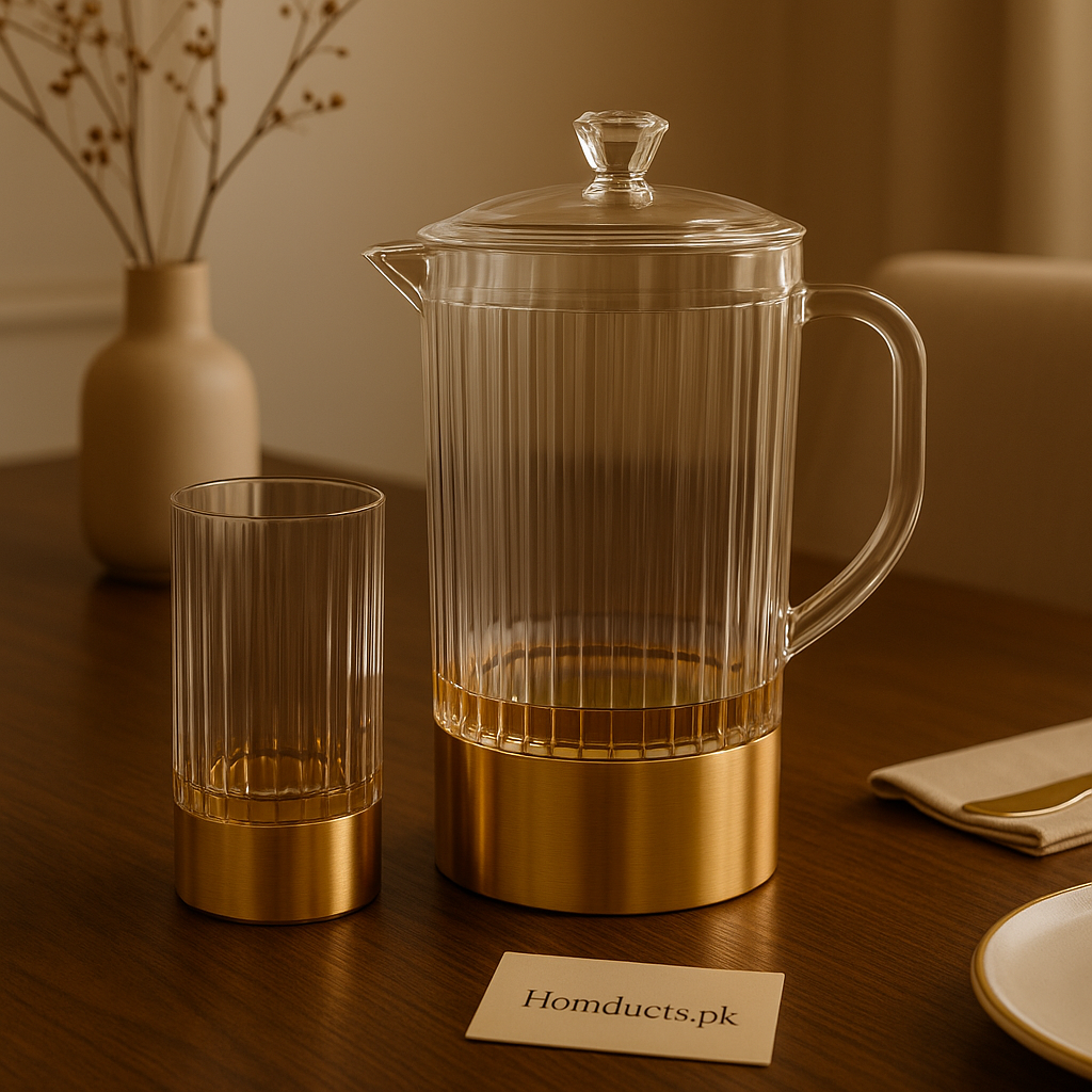 Golden Base Water Jug Set with 6 Glasses – Premium Ribbed Design