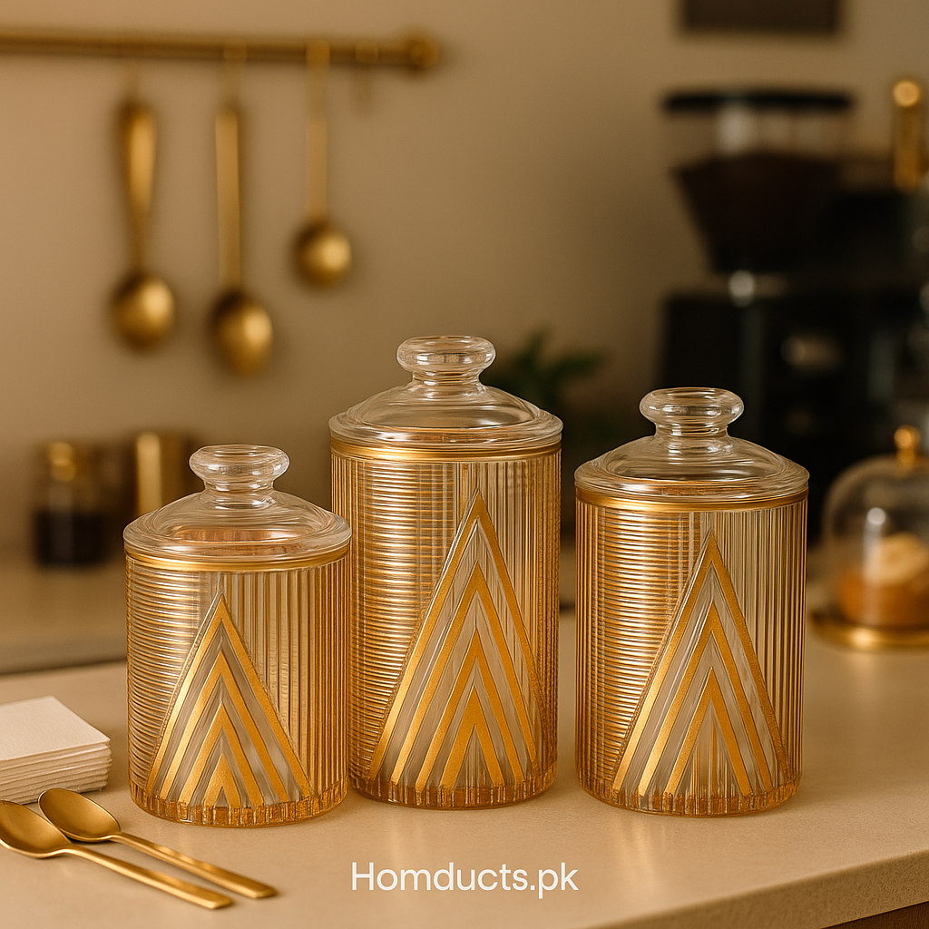 Golden Luxe Glass Storage Jar Set – 3 Pcs Decorative Airtight Containers