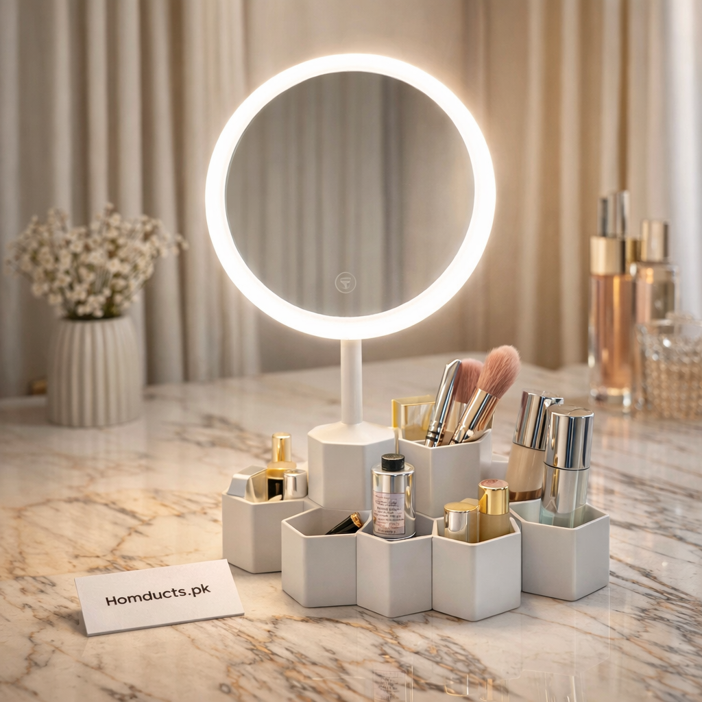 Luxury LED Vanity Mirror Organizer with Multi-Compartment Cosmetic Storage