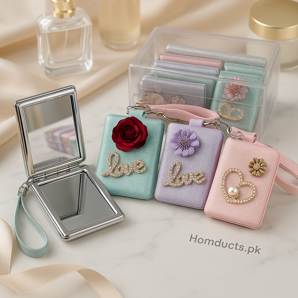 Luxury Floral Pocket Cosmetic Mirror – 1 Pc Portable Mini Makeup Mirror with Keychain
