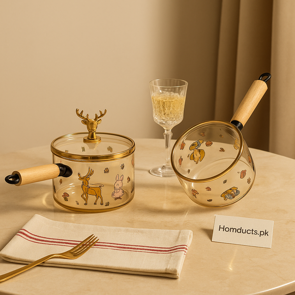 Luxury Printed Deer Head Glass Saucepan – Heat-Resistant Cooking Pot with Wooden Handle
