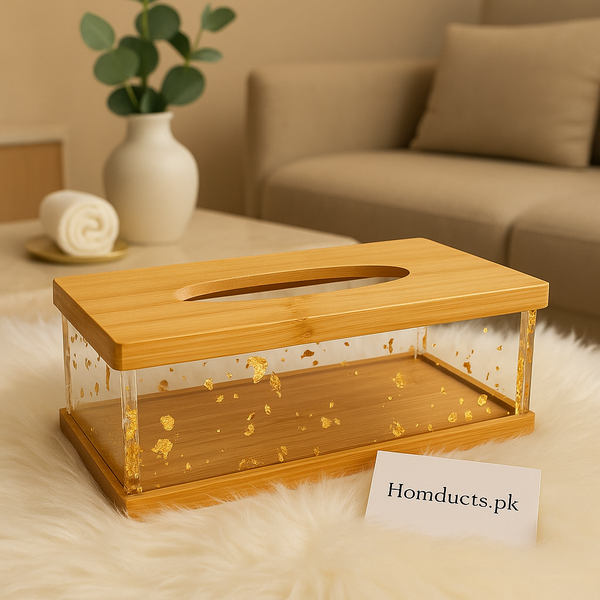 Luxury Acrylic Tissue Box with Golden Flakes & Bamboo Lid – Premium Home Décor Organizer