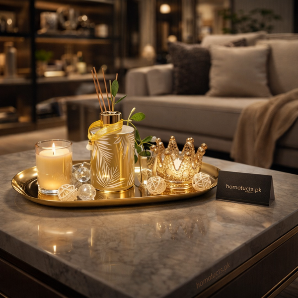 Luxury Gold Decorative Tray Set — Candle & Diffuser Centerpiece Home Décor