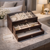 Luxury 3-Layer Wooden Jewelry Organizer Box with Glass Display & Velvet Compartments
