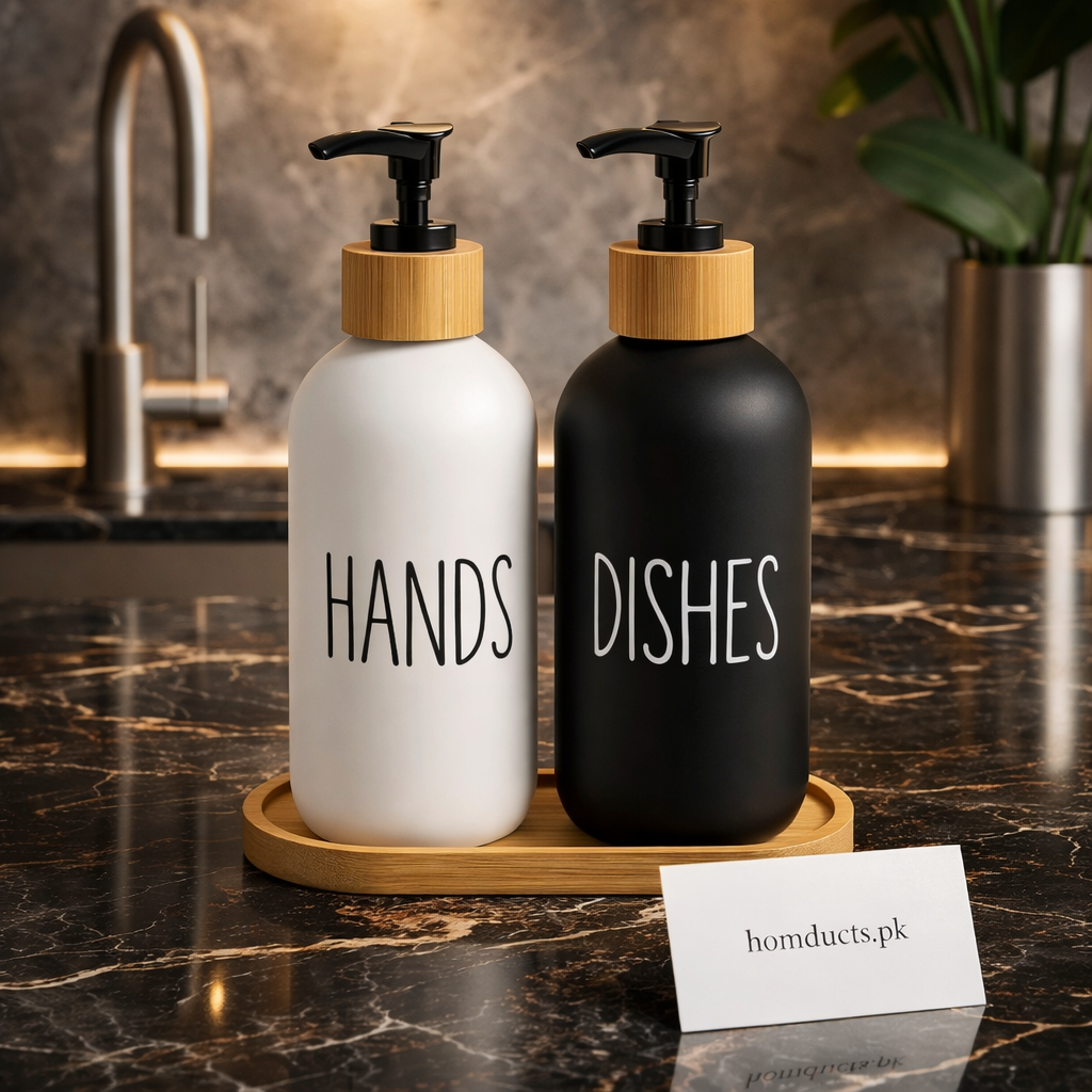 Luxury Kitchen Soap & Dish Dispenser Set with Bamboo Tray — Hands & Dishes Pump Bottles