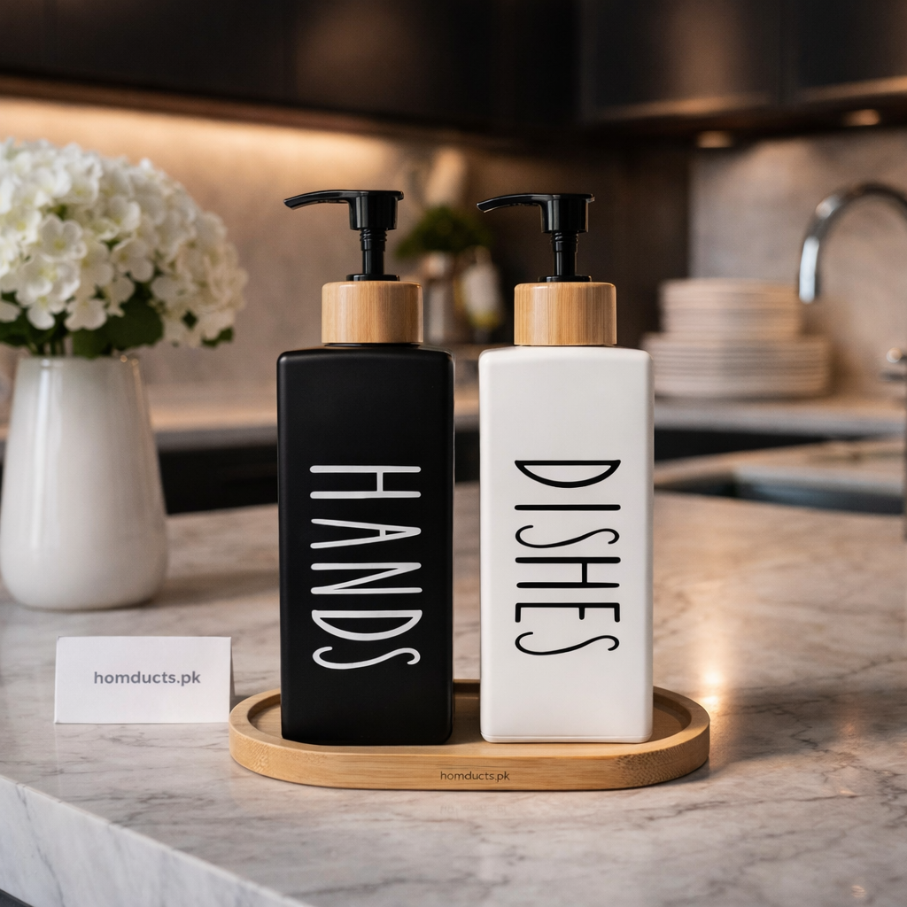 Luxury Kitchen Soap & Dish Dispenser Set with Bamboo Tray — Hands & Dishes Pump Bottles