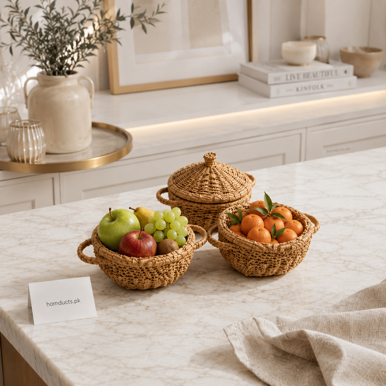 Handwoven Rattan Fruit & Storage Basket with Lid – 3 Pcs Set