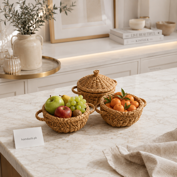 Handwoven Rattan Fruit & Storage Basket with Lid – 3 Pcs Set