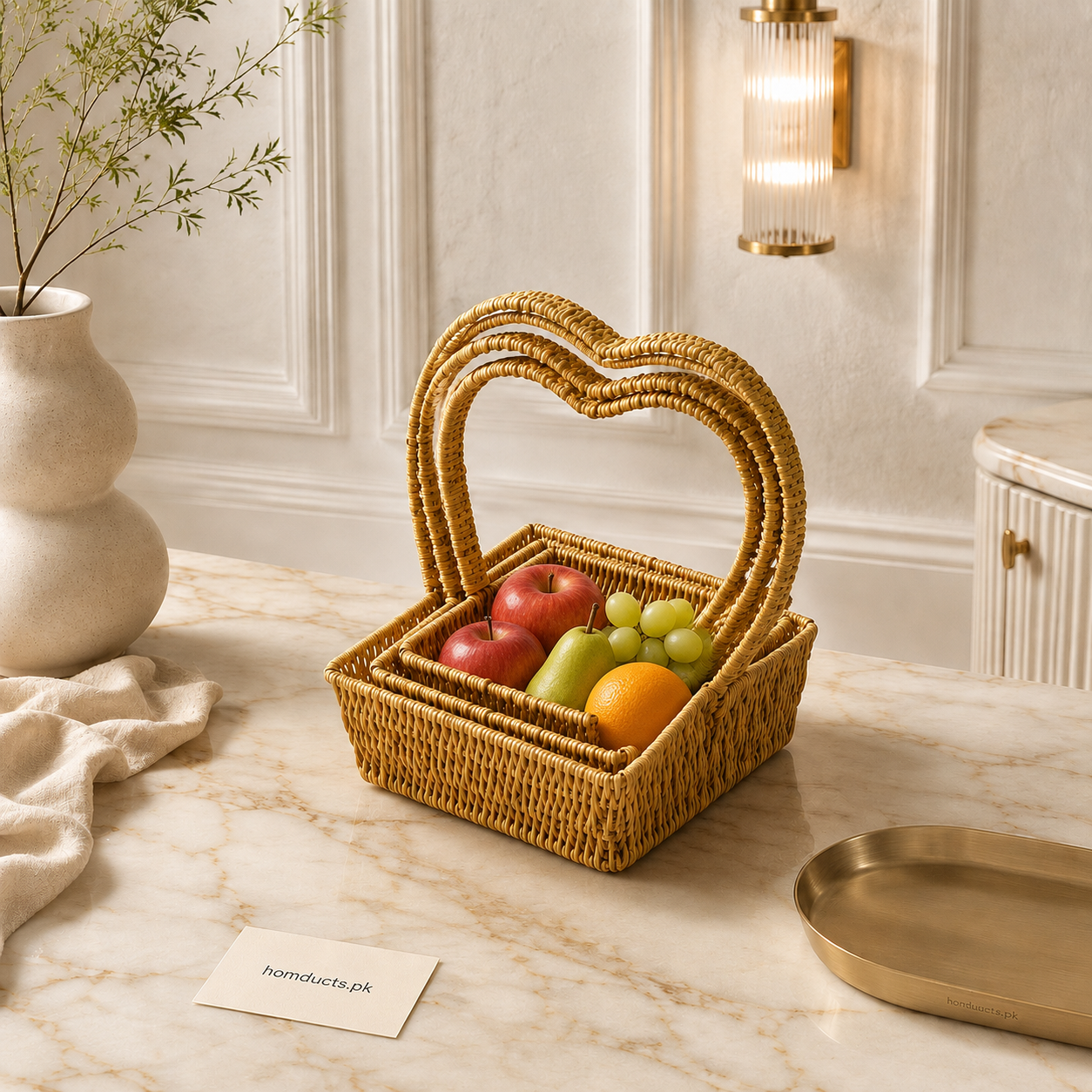 Luxury Heart Handle Woven Fruit Basket – 3 Pcs Set