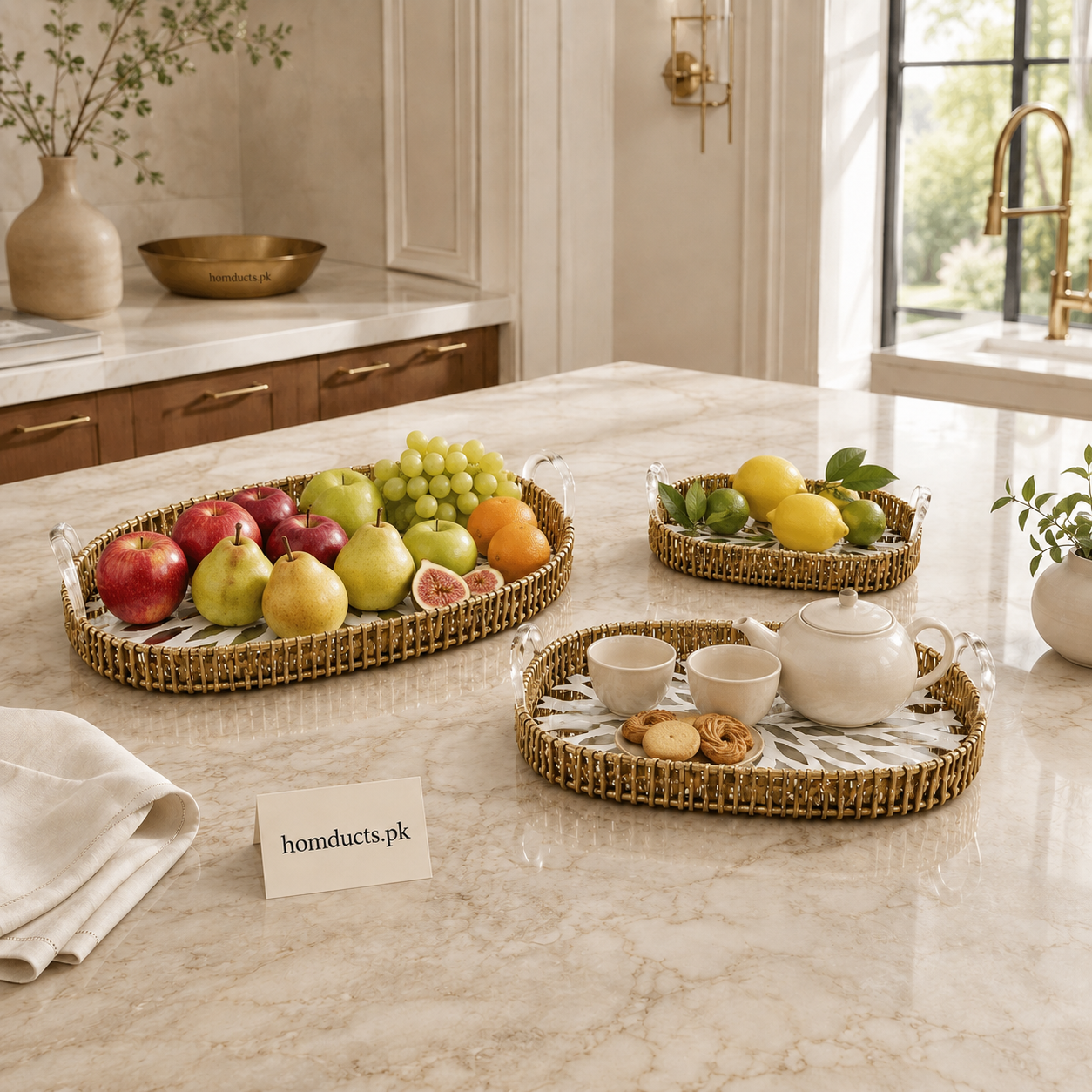3-Piece Luxury Golden Oval Serving Tray Set with Handles