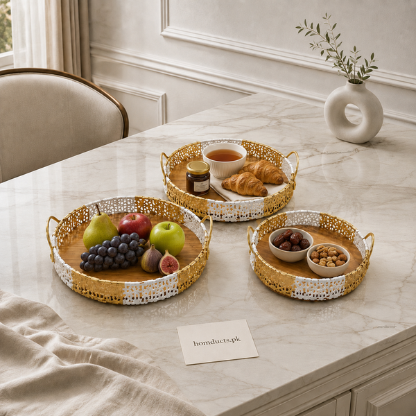 Luxury 3-Piece Rattan Round Serving Tray Set with Handles