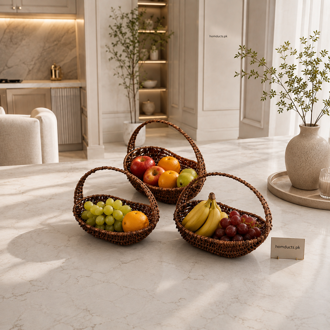 3-Piece Woven Rattan Fruit & Multipurpose Storage Basket Set with Handles