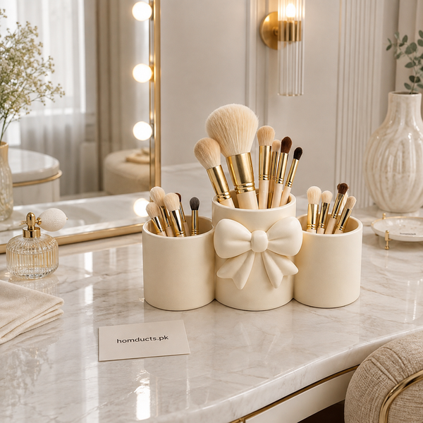 Luxury Bow Design 3-Compartment Makeup Brush & Cosmetic Organizer