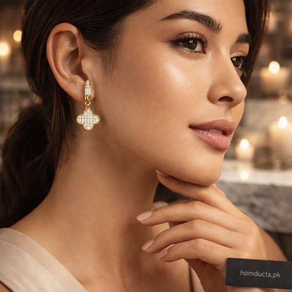 Luxury Clover Crystal Drop Earrings – Gold Plated Elegant Statement Jewelry