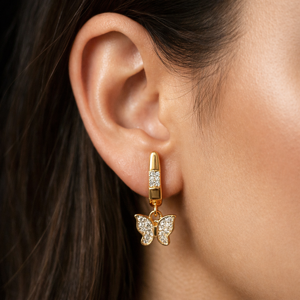 Luxury Gold Butterfly Drop Earrings — Crystal Accent Dangle Jewelry