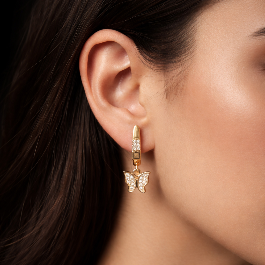Luxury Gold Butterfly Drop Earrings — Crystal Accent Dangle Jewelry