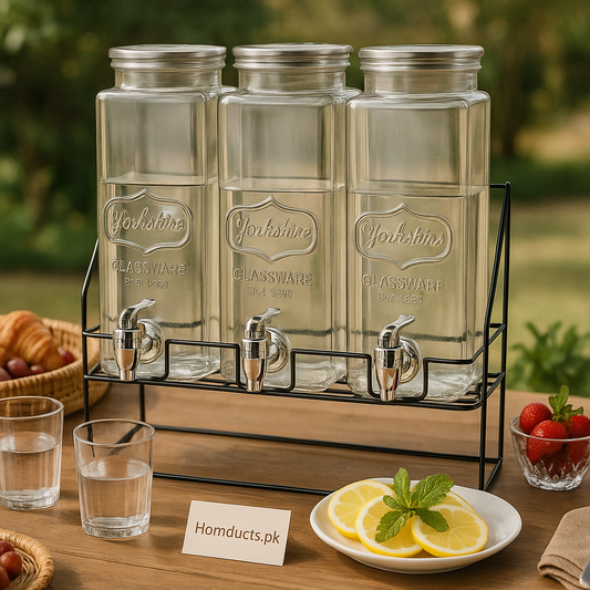 Triple Glass Beverage Dispenser Set with Metal Stand – Premium Yorkshire Drink Station