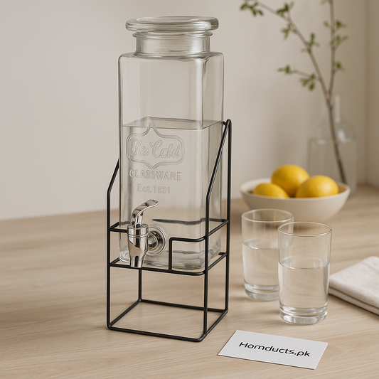 Premium Square Glass Beverage Dispenser with Metal Stand – 3L Capacity