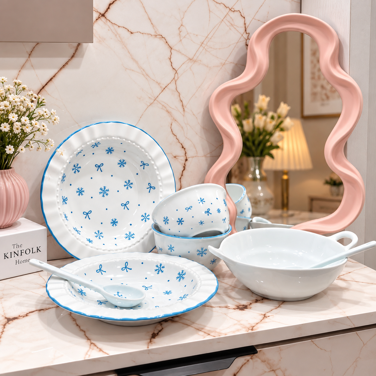 Premium Blue Snowflake Ceramic Dinnerware & Serving Set – 7 Pcs