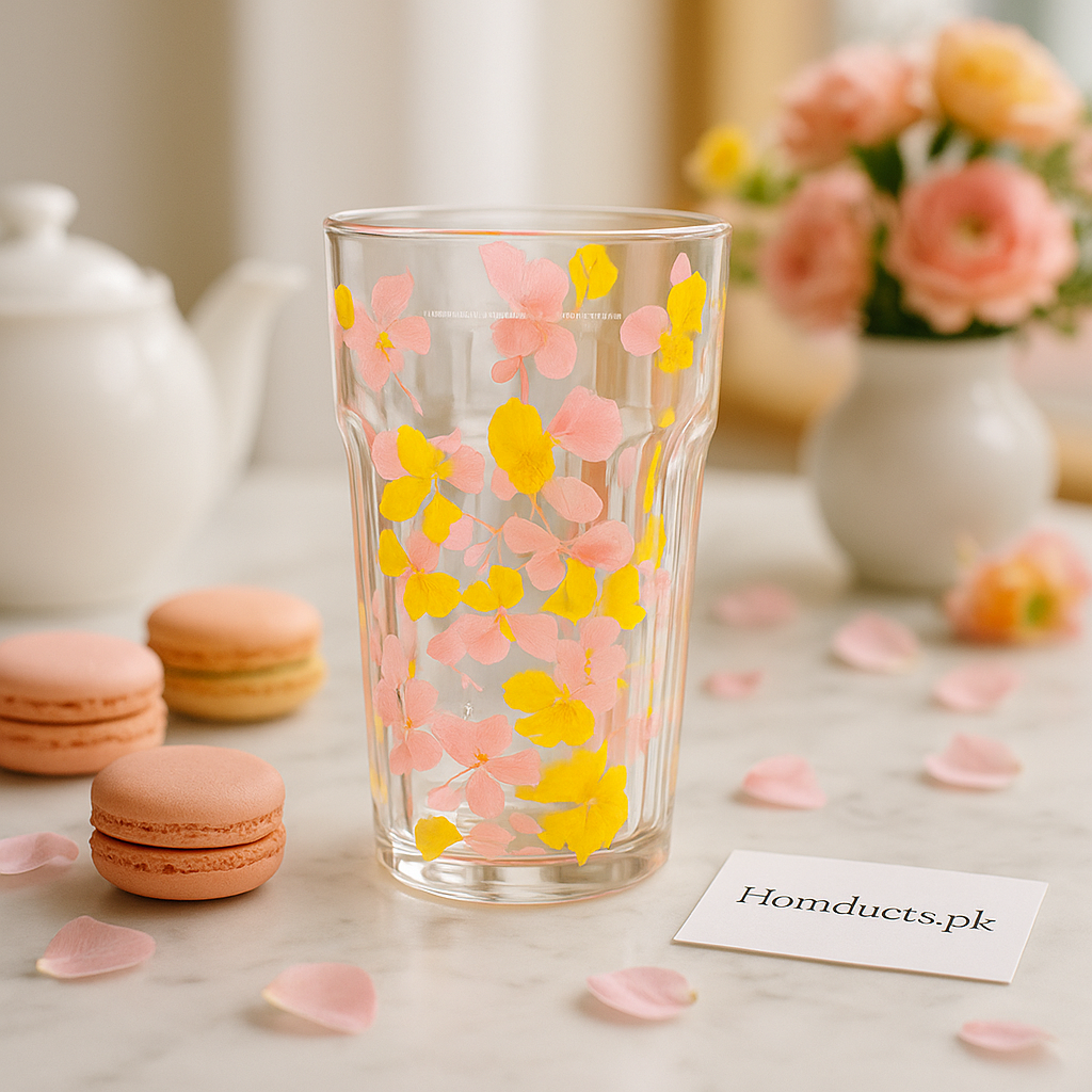 Luxury Floral Acrylic Tumbler – Transparent Bloom Glass with Pink & Yellow Petal Design