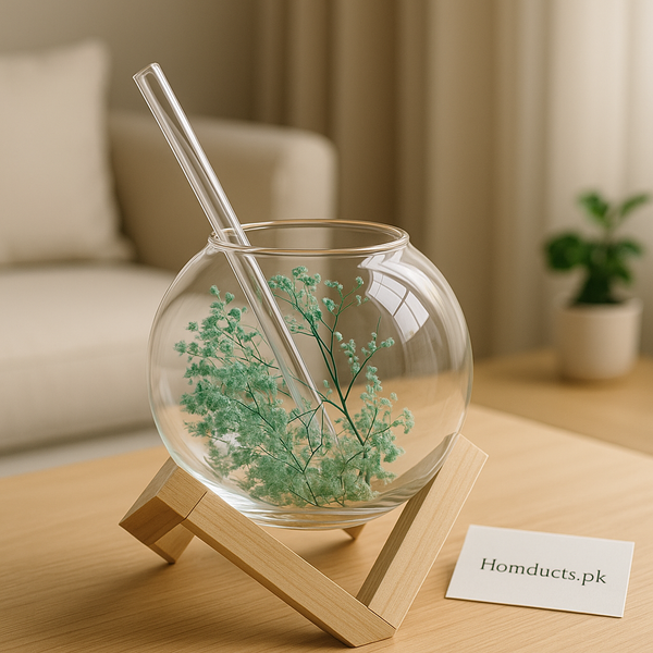 Luxury Glass Globe Drinking Cup with Wooden Stand – Elegant Round Beverage Glass