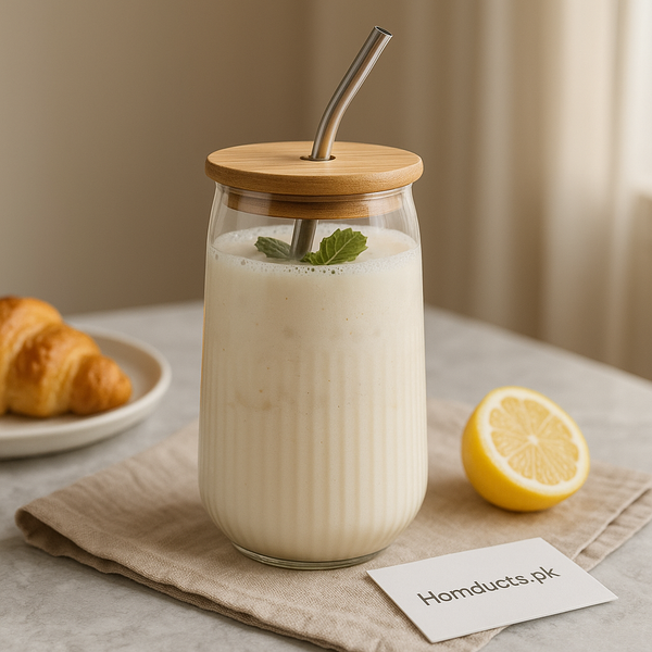 Luxury Ribbed Glass Tumbler with Wooden Lid & Steel Straw – Premium Reusable Smoothie Cup (500ml)