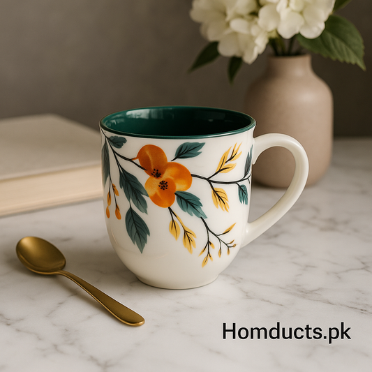 Brilliant Luxury Botanical Ceramic Mug – Hand-Painted Floral Design with Green Interior
