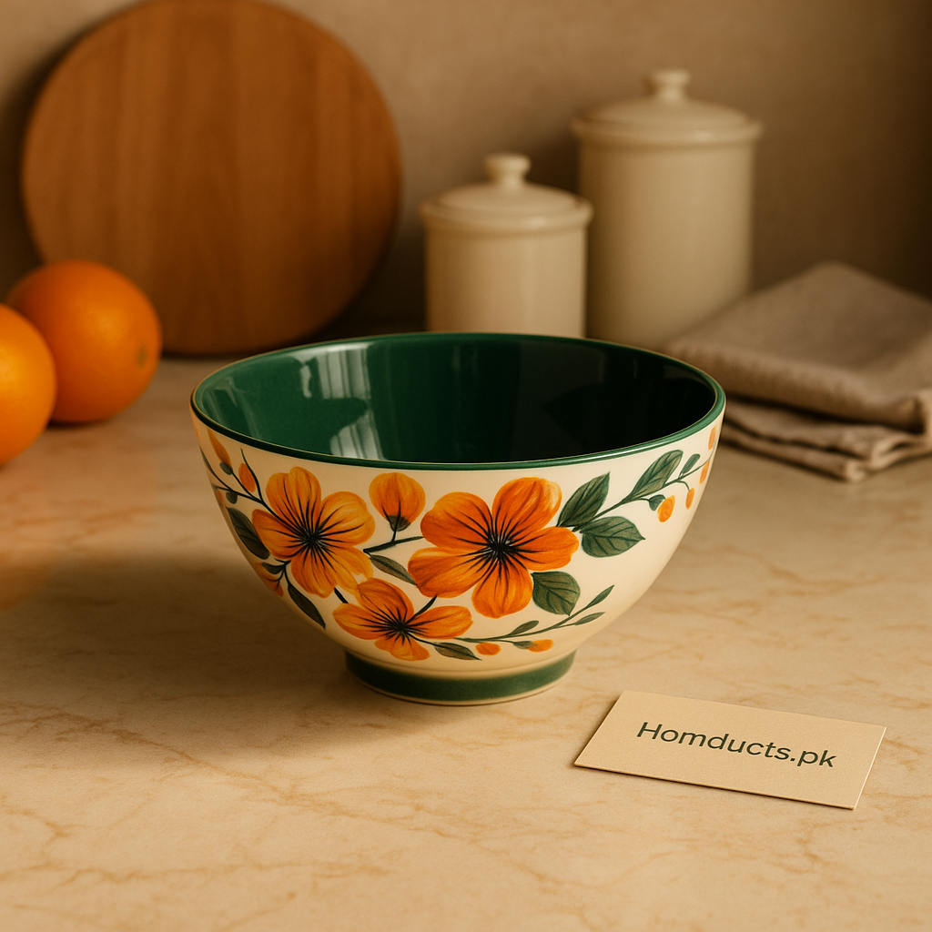 Brilliant Floral Harmony Ceramic Bowl – Handcrafted Green Interior Soup & Salad Bowl