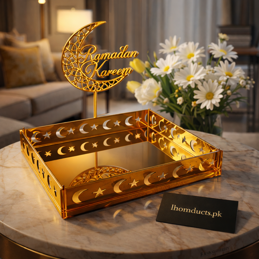 Luxury Ramadan Kareem Crescent Serving Tray & Islamic Table Centerpiece